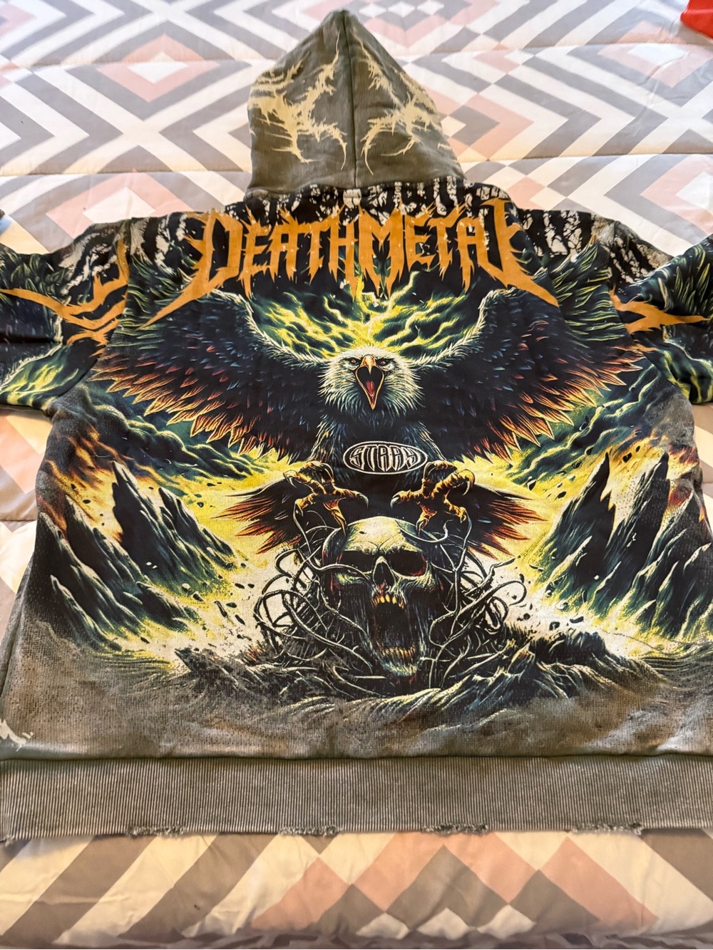 Stray Death Metal Graphic Hoodie with Eagle and Skull